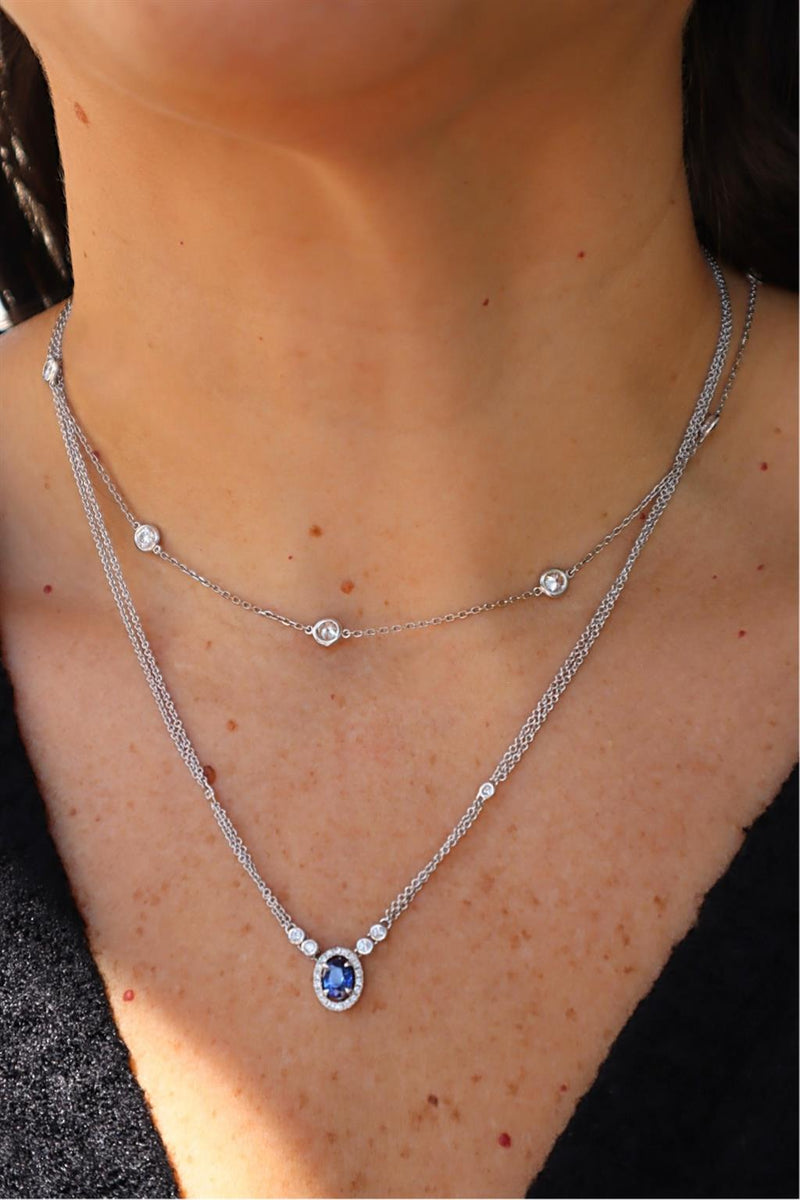 Vibrant Colored Stone Necklaces 18K Gold White 0.90 Carats Sapphire & 0.31 Carats Diamond Halo Necklace, 18 Inch