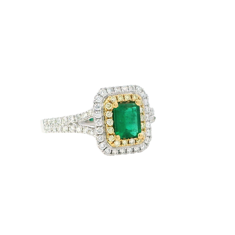 Elegant & Trendy 18K White & Yellow Gold 0.51 Carat Emerald & 0.43 Carat Yellow & White Diamond Double Halo Ring