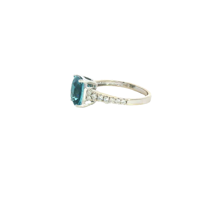 Bold & Elegant 14K White Gold Cushion Cut 3.75 Carats Blue Zircon & 0.29 Carats Diamond Ring