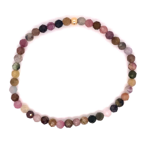 October Birthstone 4 MM Tourmaline & Yellow Gold Fillled Accent Bead Stretch Bracelet - 7 Inch