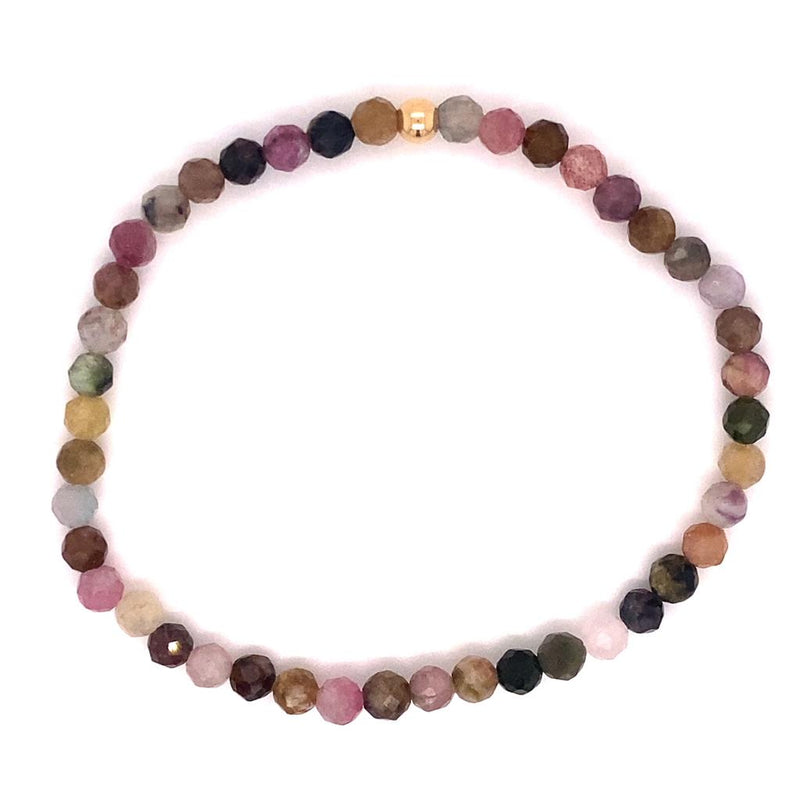 October Birthstone 4 MM Tourmaline & Yellow Gold Fillled Accent Bead Stretch Bracelet - 7 Inch