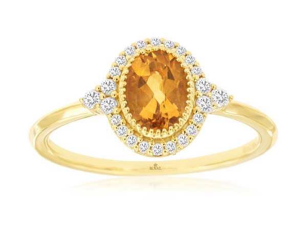 Yellow 14 Karat Gold 0.75 Carats Citrine & 0.16 Carats Diamond Vintage inspired Ring