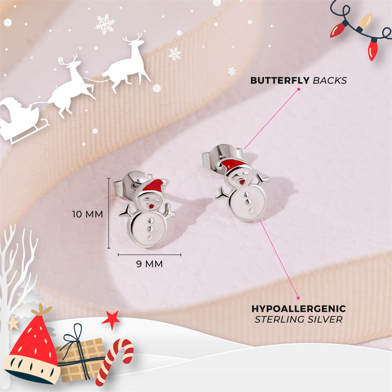 Sterling Silver Christmas Snowman Enamel Earrings For Children