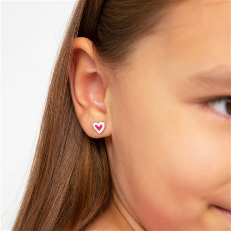 Sterling Silver Hearts & More Hearts Pink & White Enamel Earrings For Children