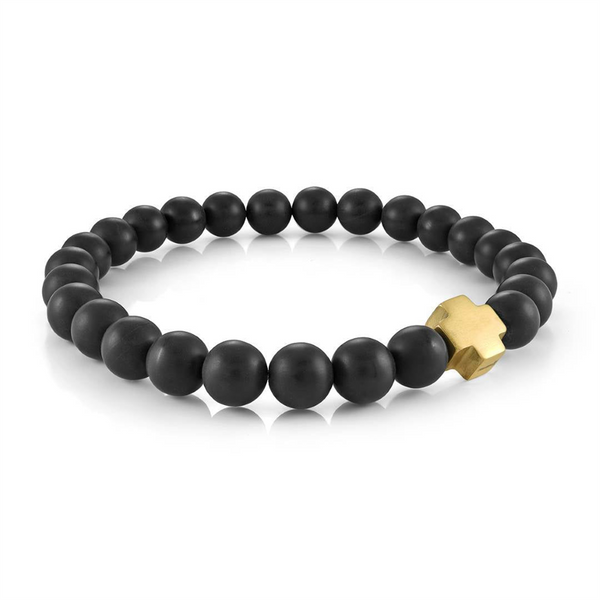 Bold & Stylish Alternative Metal Bracelets Black 8 MM Onyx's Eye Bead Cross Bracelet - 8.25 Inch