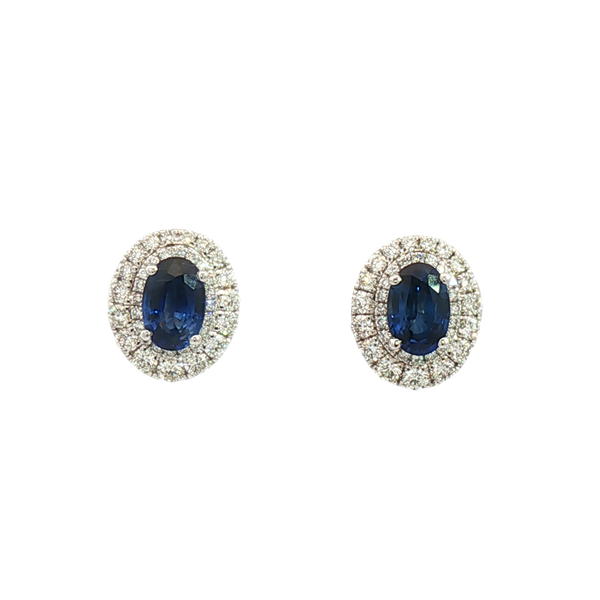 Vibrant Color Stone 18K White  Gold 1.24 Carats Sapphire & Double Halo 0.55 Carats Diamond Stud Earrings