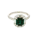 Bold & Elegant 18K White Gold Cushion Cut 2.14 Carats Green Indicolite & Baguette & Round Cut 1.02 Carats Diamond Halo Ring