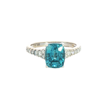 Bold & Elegant 14K White Gold Cushion Cut 3.75 Carats Blue Zircon & 0.29 Carats Diamond Ring