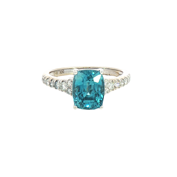 Bold & Elegant 14K White Gold Cushion Cut 3.75 Carats Blue Zircon & 0.29 Carats Diamond Ring