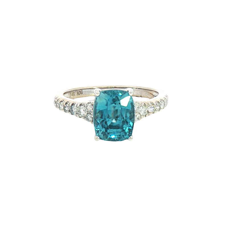 Bold & Elegant 14K White Gold Cushion Cut 3.75 Carats Blue Zircon & 0.29 Carats Diamond Ring