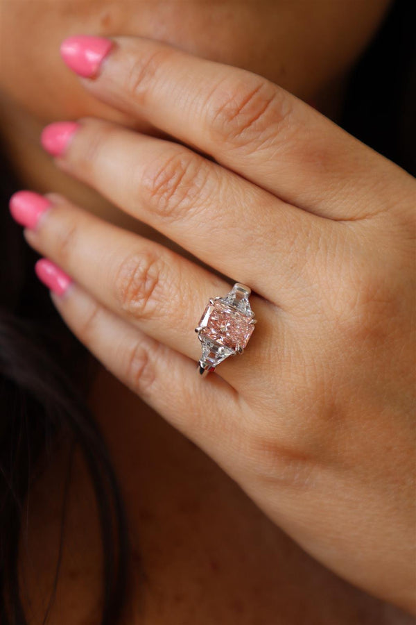 Lab Grown Diamond Engagement Rings 14K Gold White Three Stone Radiant & Trapezoid Fancy Vivid Pink Diamond Engagement ring - 3.7 CTW Diamond