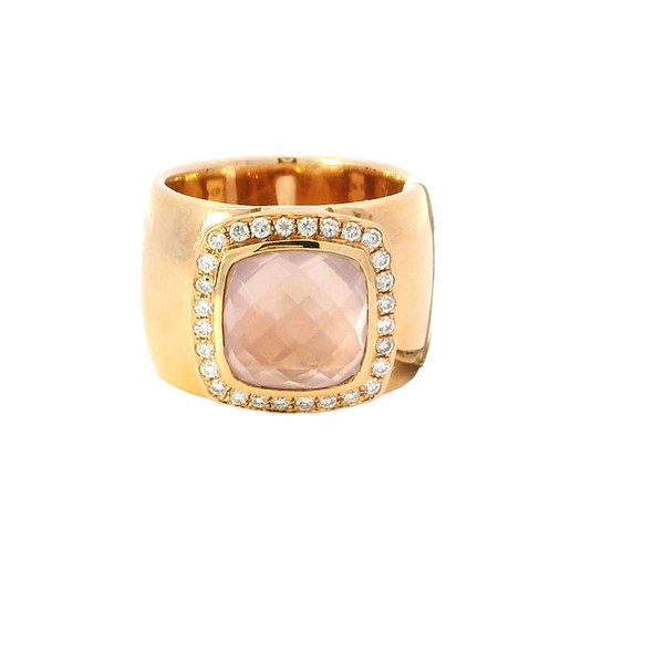 Bold & Elegant 18K Rosé Gold 4.57 Carat Cushion Cut Rose Quartz & 0.35 Carat Diamond Halo Wide Band Ring