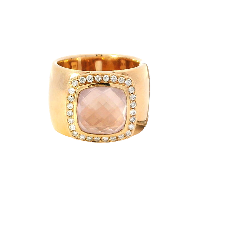 Bold & Elegant 18K Rosé Gold 4.57 Carat Cushion Cut Rose Quartz & 0.35 Carat Diamond Halo Wide Band Ring