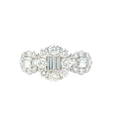 Elegant & Trendy 18K Gold White 1.49 Carats Baguette & Round Diamond Halo Fashion Ring