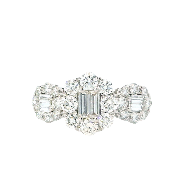 Elegant & Trendy 18K Gold White 1.49 Carats Baguette & Round Diamond Halo Fashion Ring