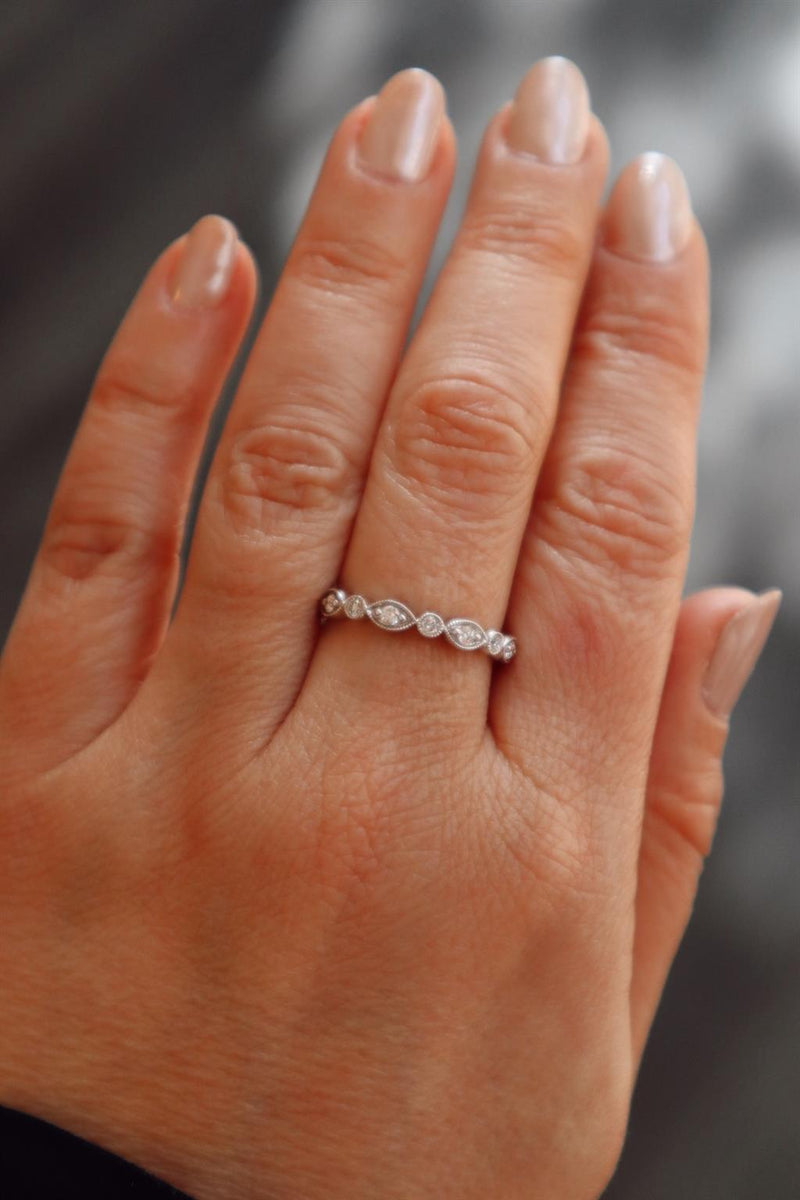 Elegant Diamond Bands 14K Gold White Stackable 1/4 Carats Diamond Anniversary Band With Milgrain Accents