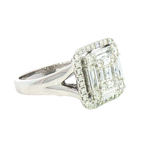 Elegant & Trendy 14K White Gold Square Cushion 1.29 Carats Baguette & Round Diamond Halo Ring