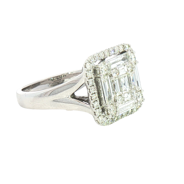 Elegant & Trendy 14K White Gold Square Cushion 1.29 Carats Baguette & Round Diamond Halo Ring