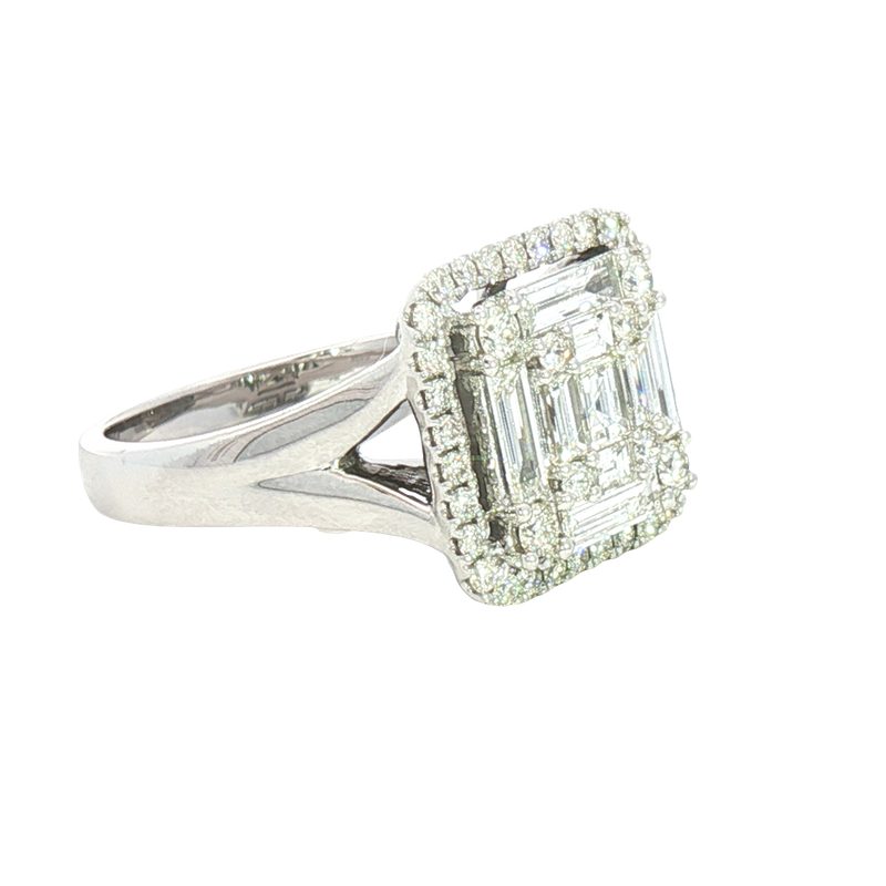 Elegant & Trendy 14K White Gold Square Cushion 1.29 Carats Baguette & Round Diamond Halo Ring