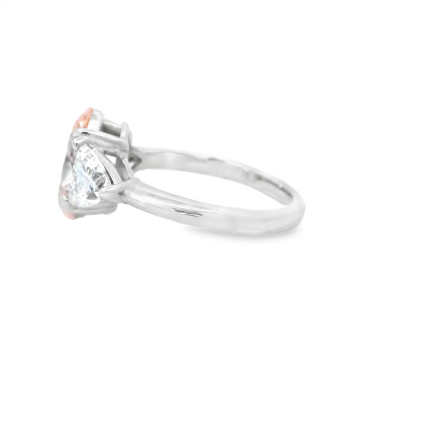 14K Gold White Accented 3 Stone Lab Grown Oval Fancy Vivid Pink Diamond & Lab Grown Trillion Cut Diamond Engagement Ring -  4.04 CTW Diamond