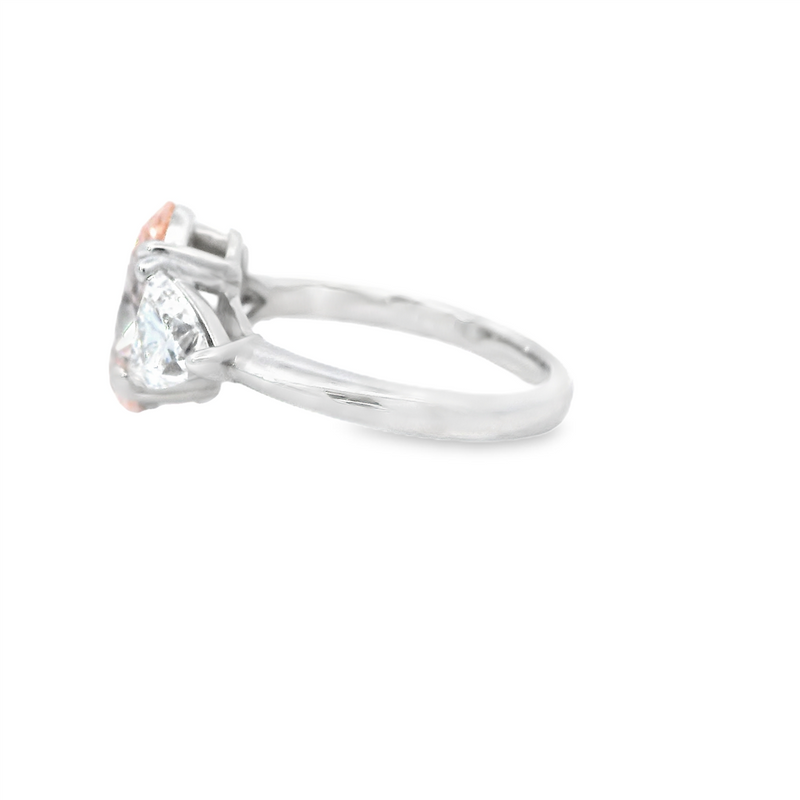 14K Gold White Accented 3 Stone Lab Grown Oval Fancy Vivid Pink Diamond & Lab Grown Trillion Cut Diamond Engagement Ring -  4.04 CTW Diamond