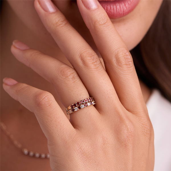 MPJ Exclusive Bold & Elegant 14K Gold Yellow Stackable Color Stone January Birthstone Bands - Garnet 0.17 Carats & Diamonds 0.12 Carats