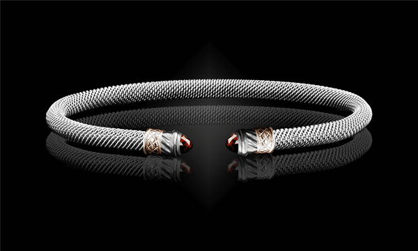 Elegant & Eye Catching Sterling Silver & 14K Yellow Gold Garnet Cuff Bracelet - 6.5 Inch