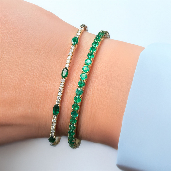 Elegant & Eye Catching 14K Gold Yellow & Titanium 1.03 Carats Oval Emerald & 0.32 Carats Round Diamond Flexible Bangle Bracelet, Length 6.75 Inch