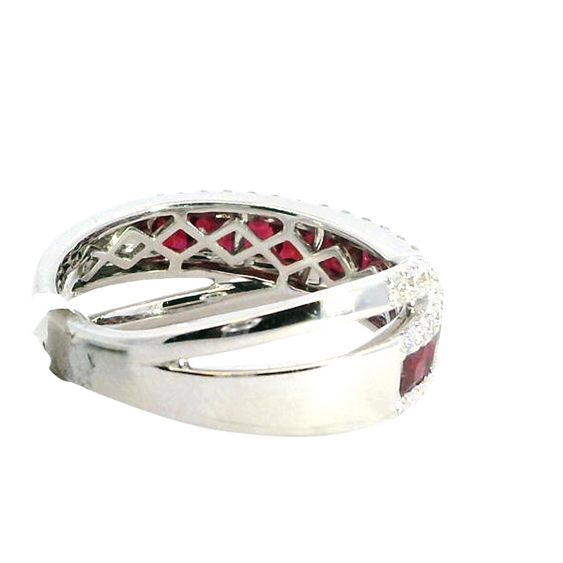 Elegant & Trendy 18K White Gold Princess Cut 0.97 Carats Ruby & 0.47 Carats Diamond Crossover Band