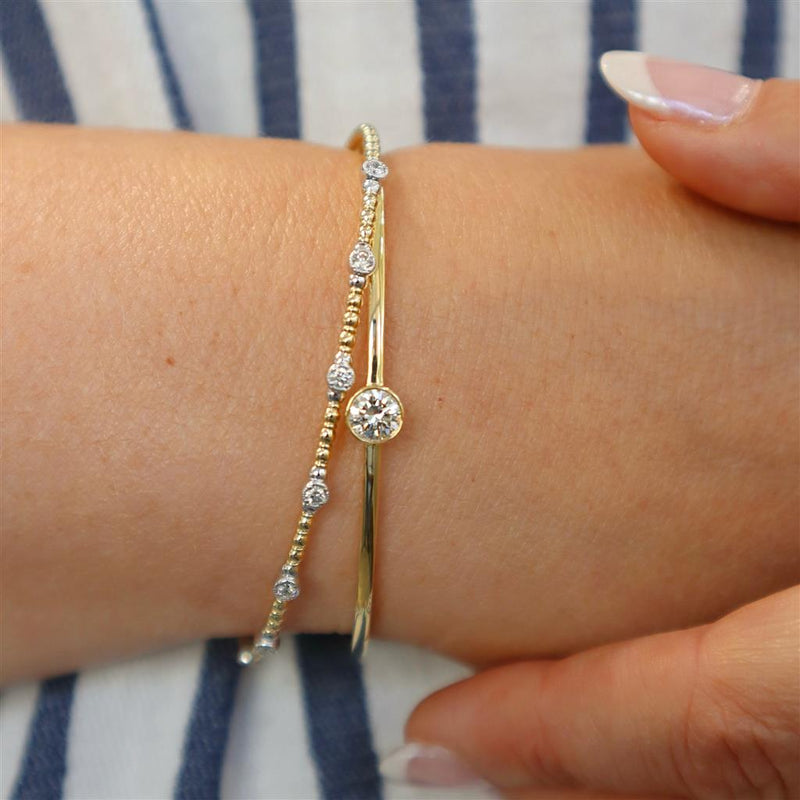 Sophisticated & Timeless Diamond Bracelets 14K Gold & Titanium Yellow & White Bezel Beaded Flexible Bangle Bracelet - 0.24 CTW, Size 6.75 Inch