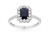 Bold & Elegant 14K White Gold Emerald Cut 1.08 Carats Blue Sapphire & 0.48 Carats Diamond Halo Ring