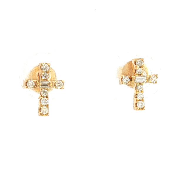 Classic & Contemporary 18K Yellow Gold 0.17 Carats Baguette & Round Diamond Stud Cross Earrings