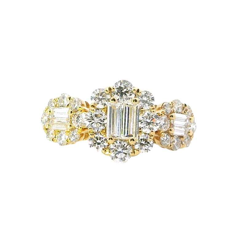 Elegant & Trendy 18K Yellow Gold 1.45 Carats Diamond Fashion Triple Halo Ring