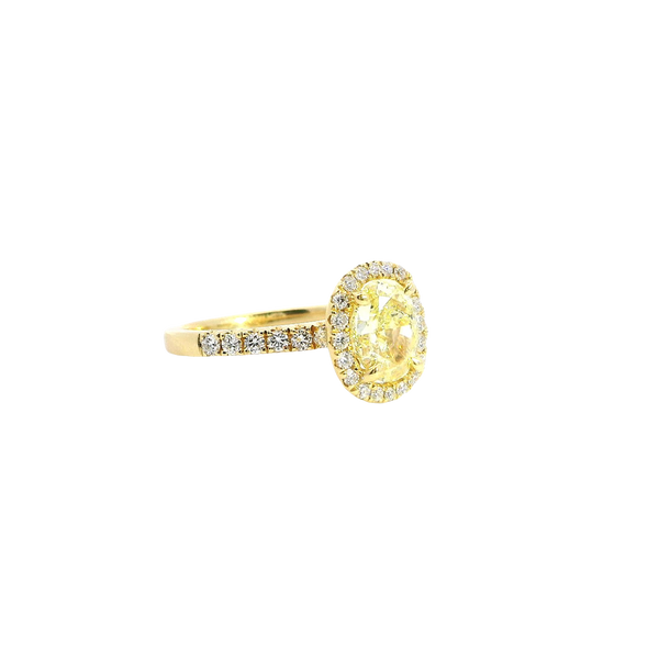 18K Yellow Gold Oval 2.22 Carats Fancy Yellow & Round White Diamond Halo Ring