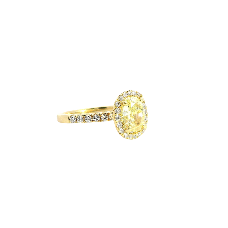 18K Yellow Gold Oval 2.22 Carats Fancy Yellow & Round White Diamond Halo Ring