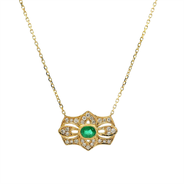 Vibrant 18K Gold Yellow 0.21 Carats Emerald & 0.19 Carats Diamond Vintage Inspirec Necklace, 18 Inch