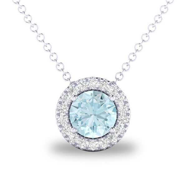 White 10 Karat Gold 0.22 Carats Aquamarine & 0.05 Carats Diamond Halo Necklace