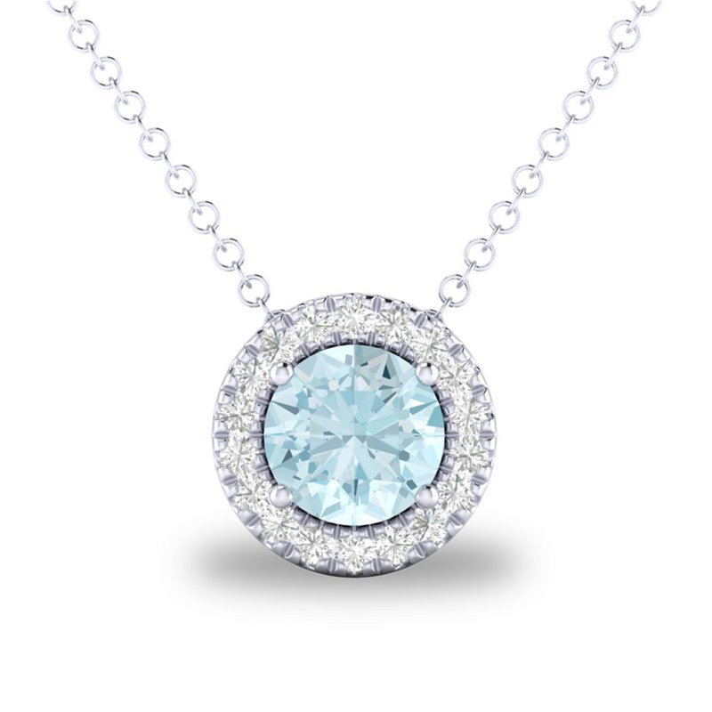White 10 Karat Gold 0.22 Carats Aquamarine & 0.05 Carats Diamond Halo Necklace