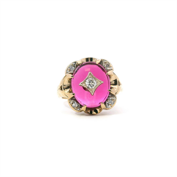 Bold & Elegant 10K Gold Yellow Vintage  Art Deco Created Ruby & Diamond Color Stone Ring - 0.10 Carats Diamonds Weight