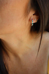Vibrant Color Stone 18K White Gold 0.34 Carats Emerald & 0.24 Carats Diamond Small 15mm Hoop Earrings
