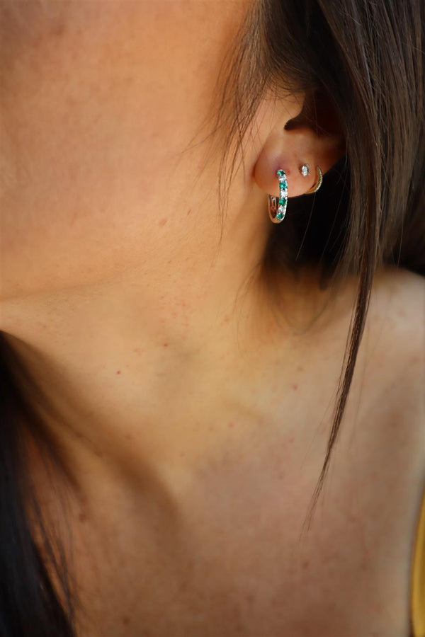 Vibrant Color Stone 18K White Gold 0.34 Carats Emerald & 0.24 Carats Diamond Small 15mm Hoop Earrings