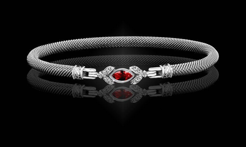 White Sterling Silver Created Ruby & 0.20  Carats Diamond Bangle Bracelet