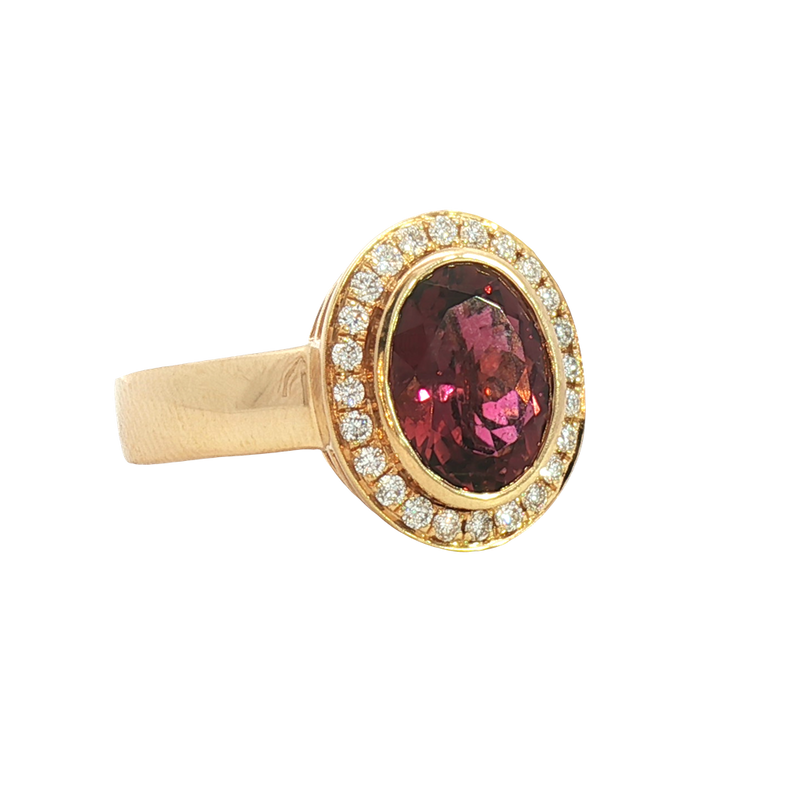 Bold & Elegant 18K Yellow Gold Oval Cut 2.89 Carats Reddish Pink Tourmaline & 0.33 Carats Diamond Halo Ring