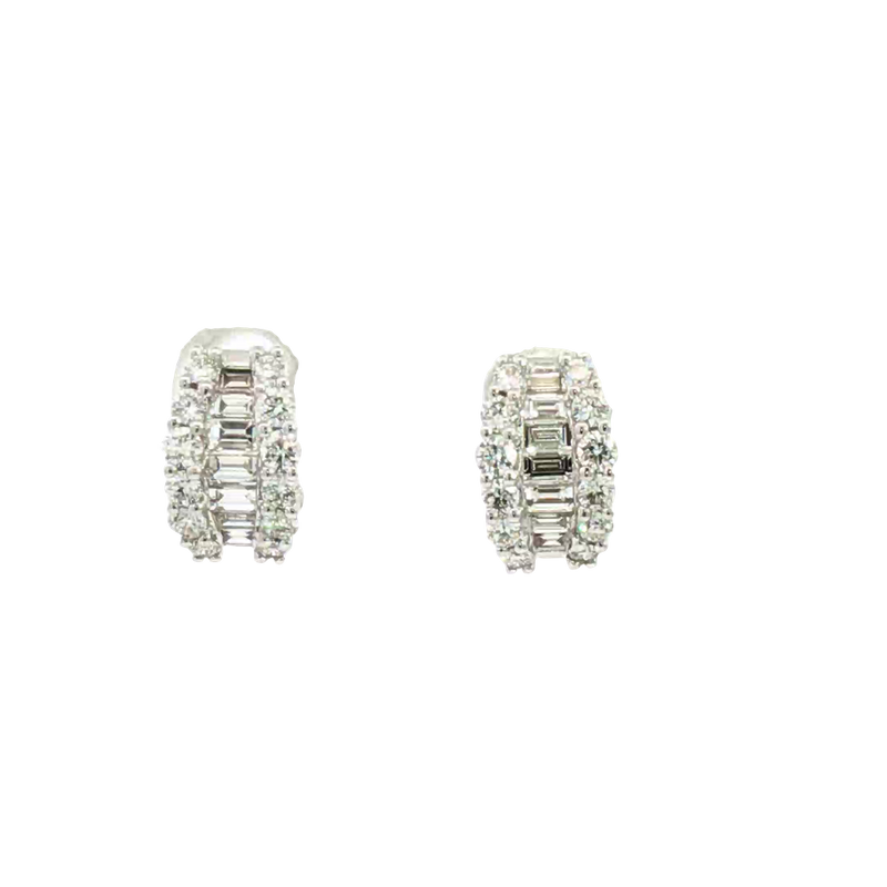 Classic & Contemporary 18K Gold White 1.39 Carats Baguette & Round Diamond Huggie Earrings