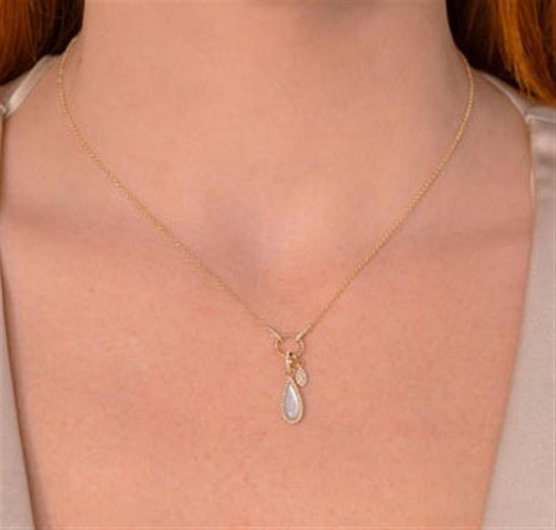 Vibrant Colored Stone Necklaces 14K Yellow Gold 0.75 Carats Mother Of Pearl & 0.13 Carats Diamond Necklace, 18 Inch