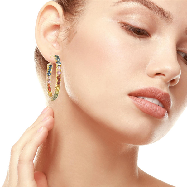 Yellow 14 Karat Gold 3.53 Carats  Rainbow Sapphire Large Hoop Earrings