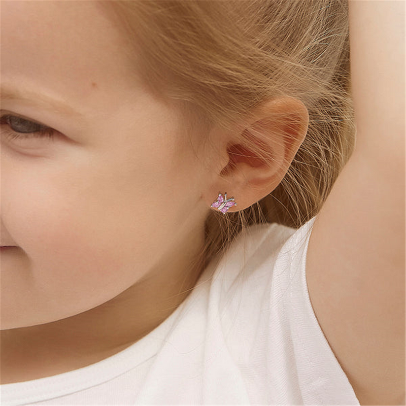 Sterling Silver Dainty October Birthstone Pink CZ Butterfly Earrings For Children