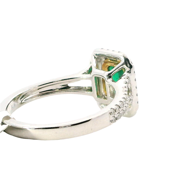 Elegant & Trendy 18K White & Yellow Gold 0.51 Carat Emerald & 0.43 Carat Yellow & White Diamond Double Halo Ring