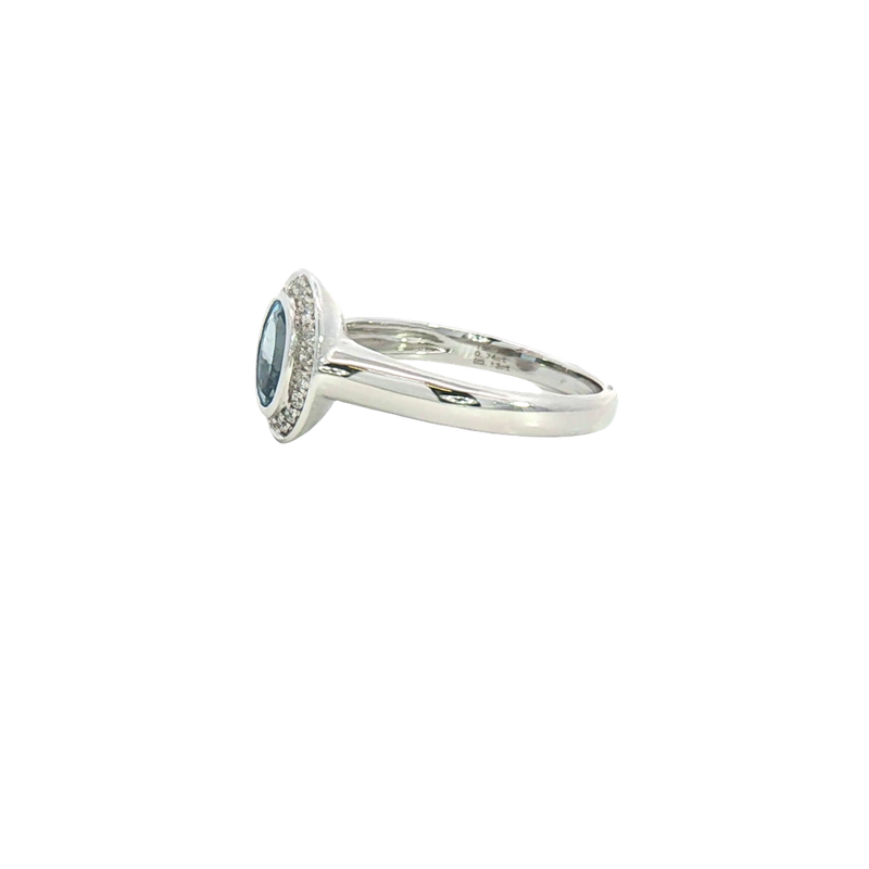 Bold & Elegant 18K White Gold  Oval Cut 0.74 Carats Aquamarine & 0.13 Carats Diamond Halo Ring