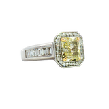 Elegant Diamond Engagement Rings 18K White & Yellow Gold Radiant Cut 2.00 Carats Fancy Yellow Diamond & 0.60 Carats Round & Baguette Diamond Halo Ring